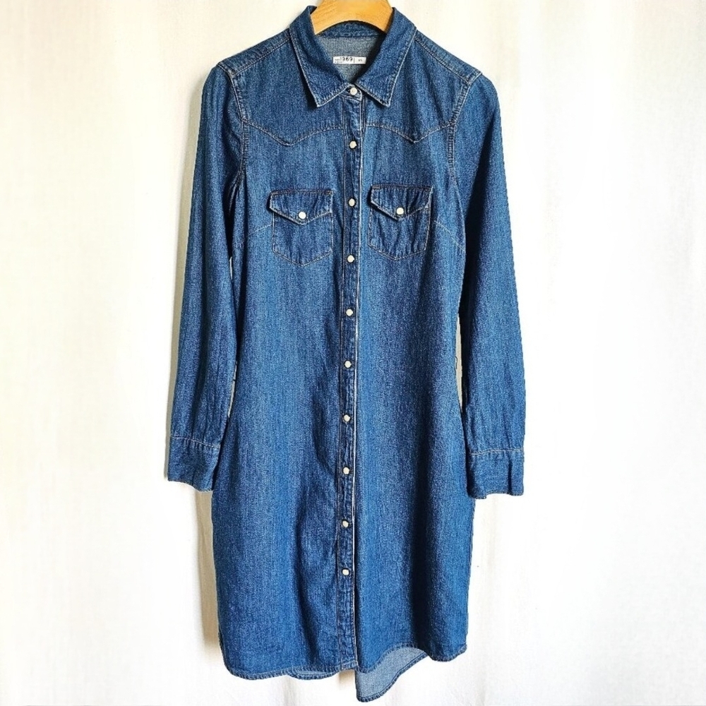 GAP 1969 Long Sleeve Medium Blue Denim Western Button Shirt Dress - Picture 4 of 16